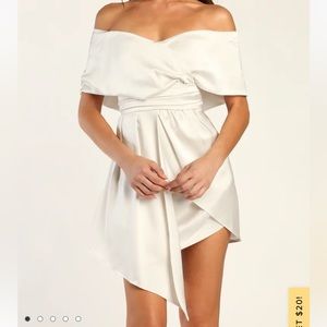Always Celebrating Ivory Satin Off-the-Shoulder Mini Dress Tired on NEVER WORN
